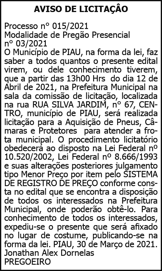 Município de Piau - Aviso de Licitação 4 1 PIAU 015