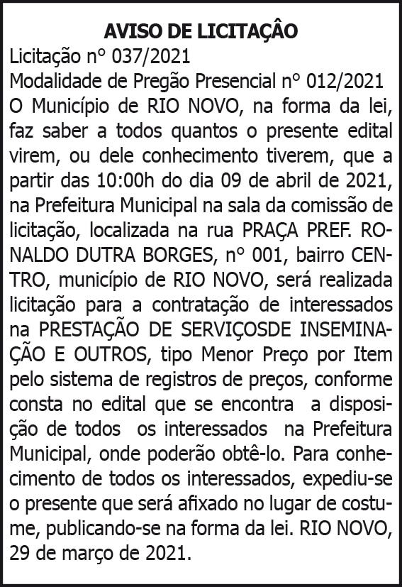Município de Rio Novo - Aviso de Licitação 4 1 RIO NOVO 037
