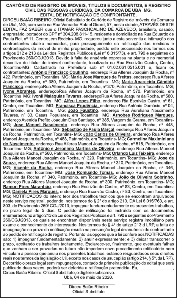 COMARCA de Ubá- MG Edital de Notificação Confrontante 4 1 SILVERIO.