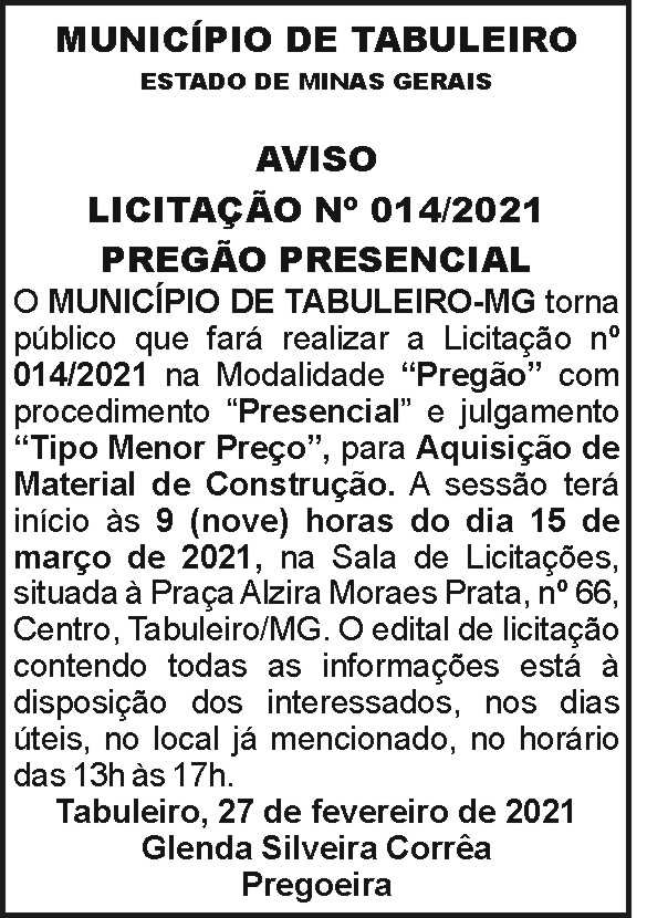 Município de Tabuleiro - Aviso 4 1 TABULEIRO 014.