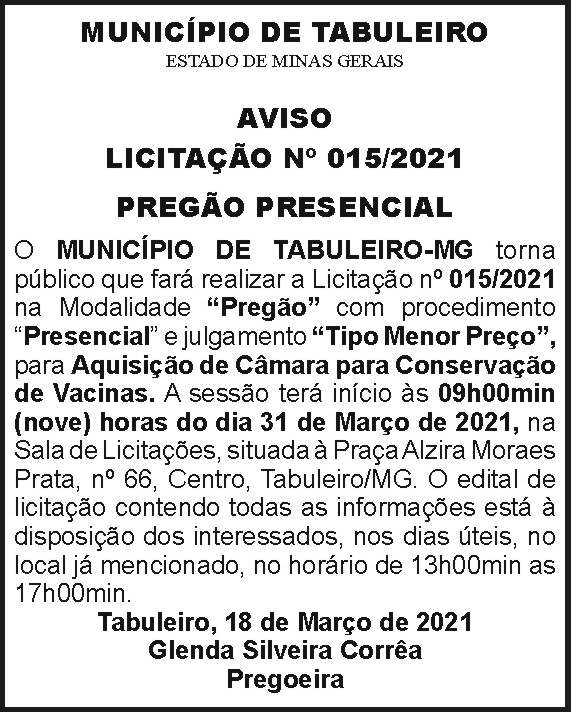 Prefeitura Municipal de Tabuleiro - Aviso 4 1 TABULEIRO 015.