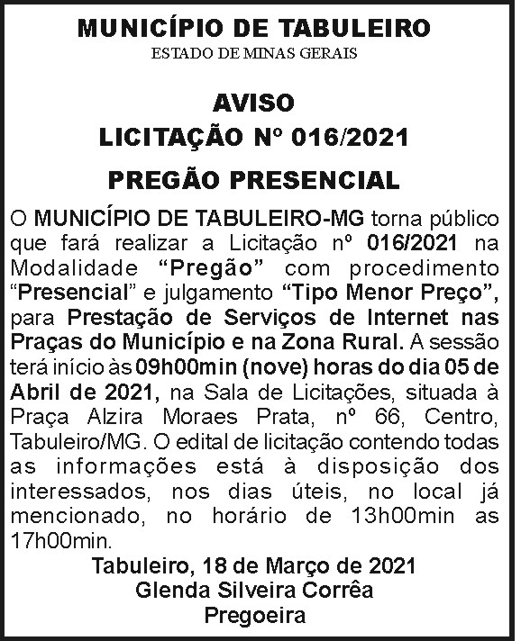 Prefeitura Municipal de Tabuleiro - Aviso 2 4 1 TABULEIRO 016.