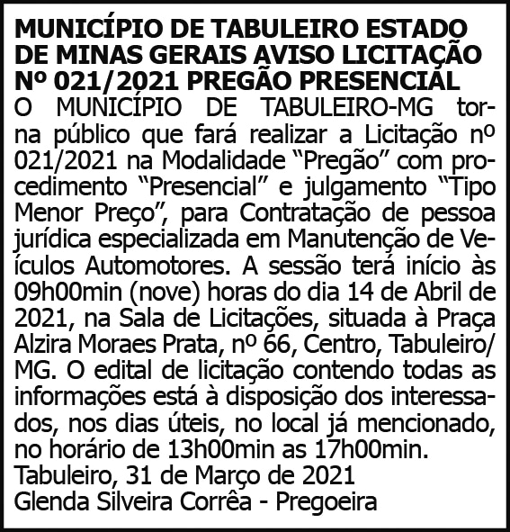 Município de Tabuleiro - Aviso de Licitação 4 1 TABULEIRO 021