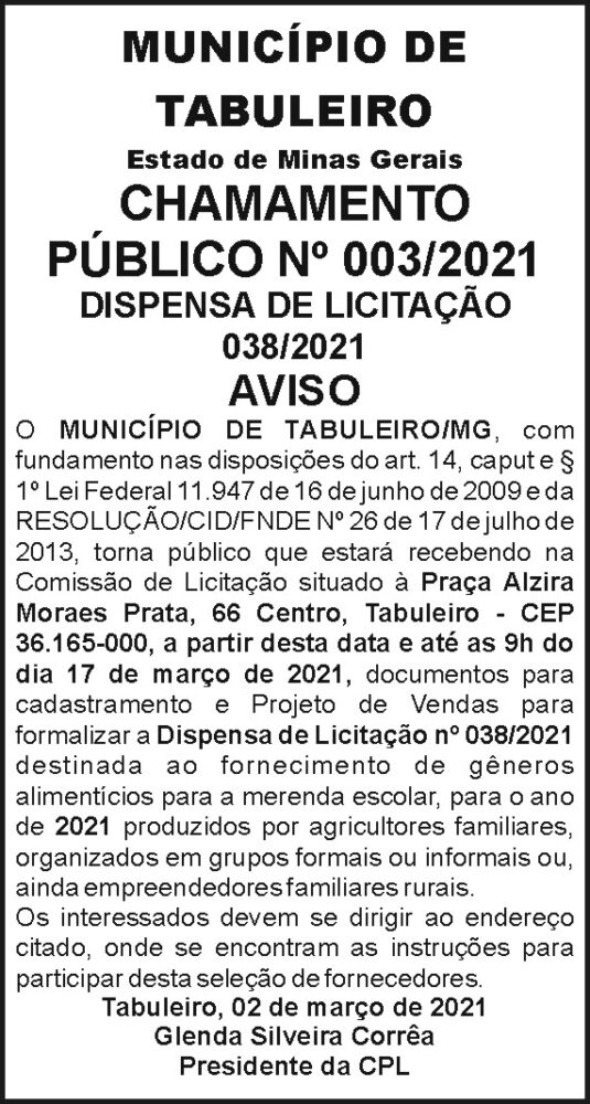 Município de Tabuleiro - Chamamento Público 4 1 TABULEIRO 038.