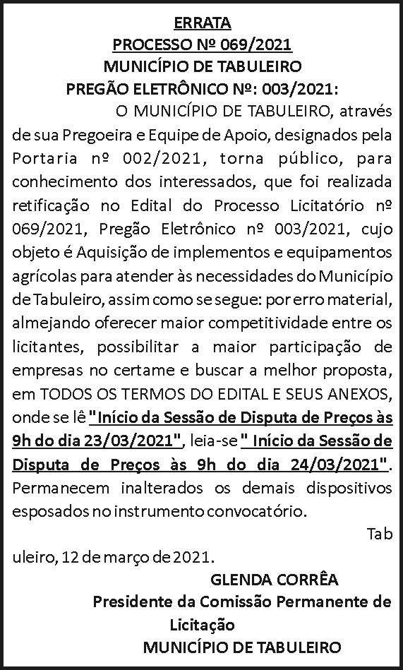 Município de Tabuleiro - Errata 4 1 TABULEIRO 069.