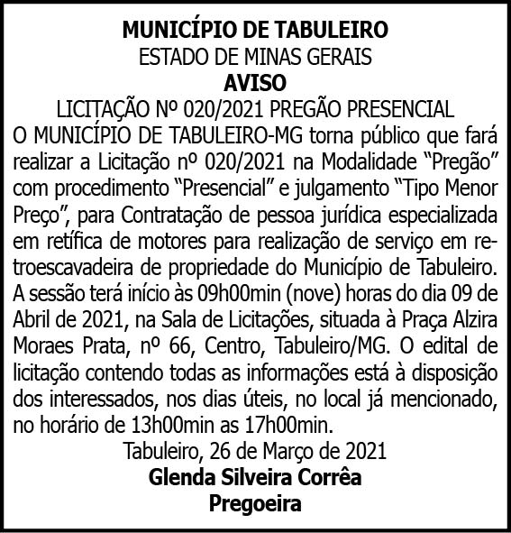 Município de Tabuleiro - Licitação Nº 020/2021 4 1 TABULEIRO