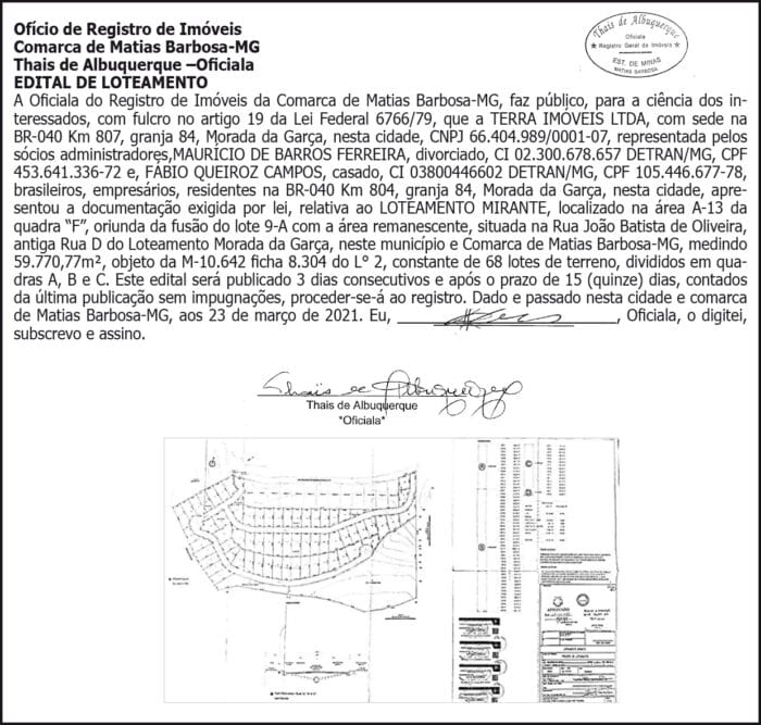 Comarca de Matias Barbosa - Edital de Loteamento 4 1 TERRA
