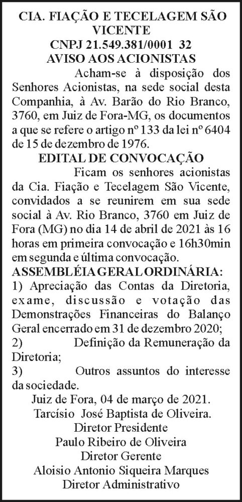 Cia Fiação e Tecelagem São Vicente - Aviso aos Acionistas 4 1 VICENTE.