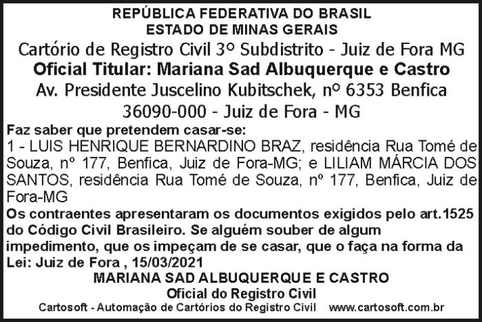 Cartório de Registro Civil – Juiz de Fora 4 AVISO LUIS. 1