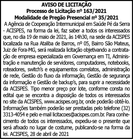 Acispes - Aviso de Licitação N 163-2021 4 1 ACISPES 163