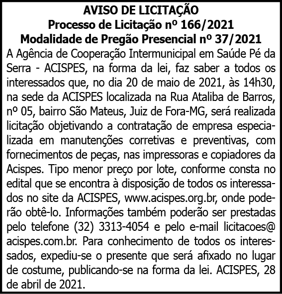 Acispes - Aviso de Licitação Nº 166/2021 4 1 ACISPES 166