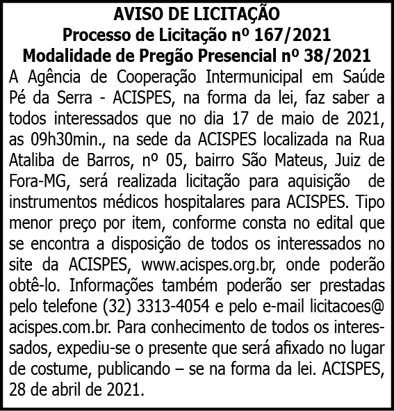 Acispes - Aviso de Licitação Nº 167/2021 4 1 ACISPES 167