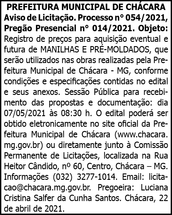 Prefeitura Municipal de Chácara - Aviso de Licitação 4 1 CHACARA 054 1