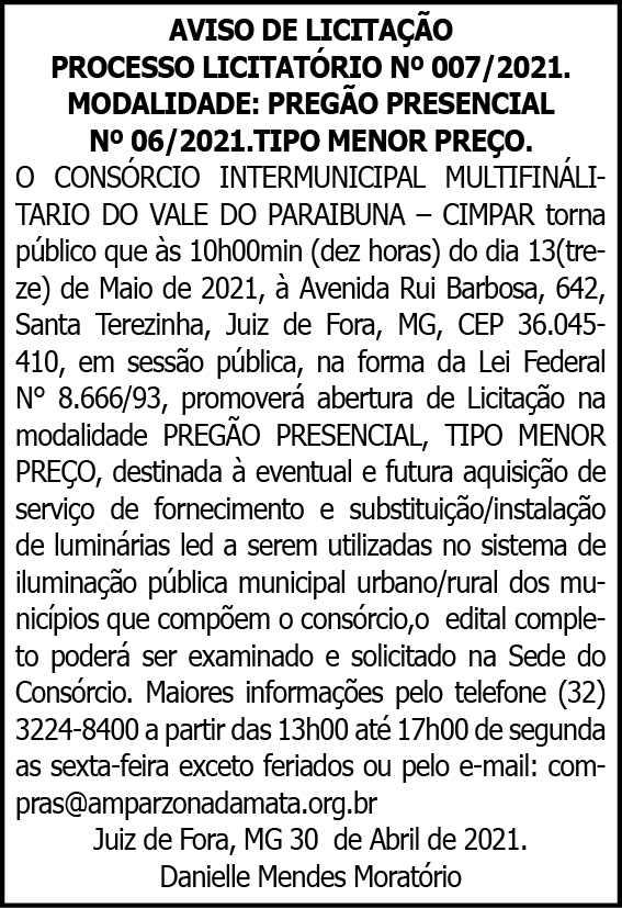 Cimpar - Aviso de Licitação Nº 007/2021 4 1 CIMPAR 007