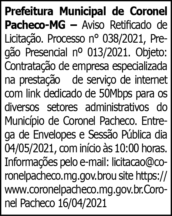 Prefeitura Municipal de Coronel Pacheco - MG 4 1 CORONEL 038