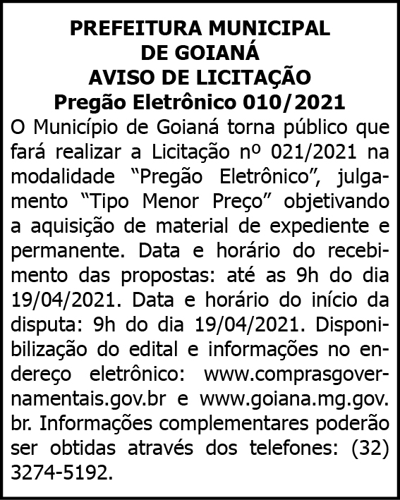 Prefeitura Municipal de Goianá - Aviso de Licitação 4 1 GOIANA 010