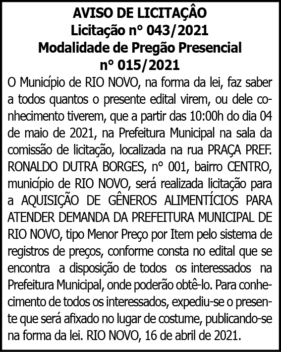 Rio Novo - Licitação Nº043/2021 4 1 RIO NOVO 043