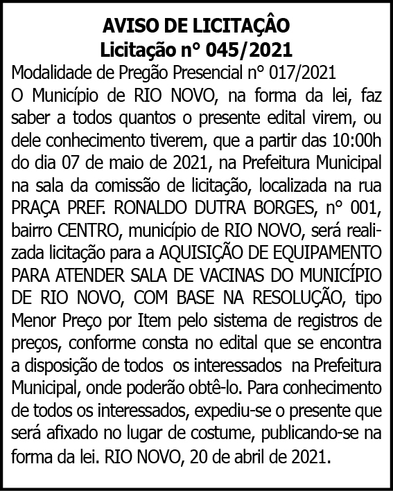 Aviso de Licitação 4 1 RIO NOVO 045