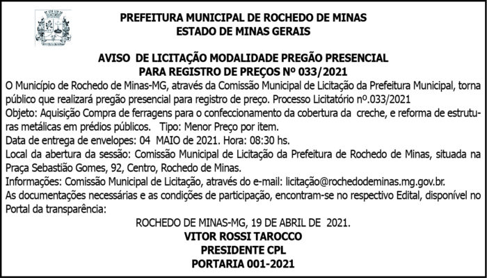 Município de Rochedo de Minas - Aviso de Licitação 4 1 ROCHEDO