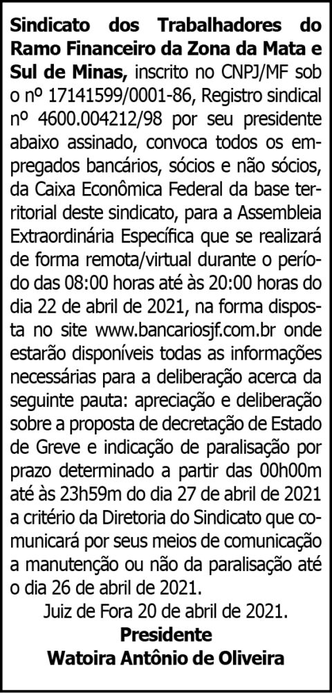 Sintraf - Convocação Assembleia Extraordinária Específica 4 1 SINTRAF