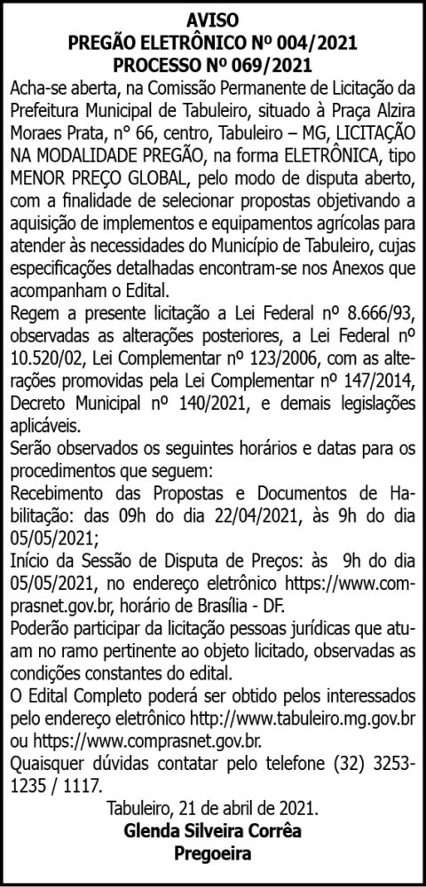 Aviso Pregão Eletrônico 4 1 TABULEIRO 004
