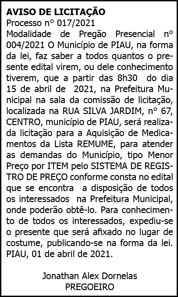 Município de Piau - Aviso de Licitação 4 PIAU 017