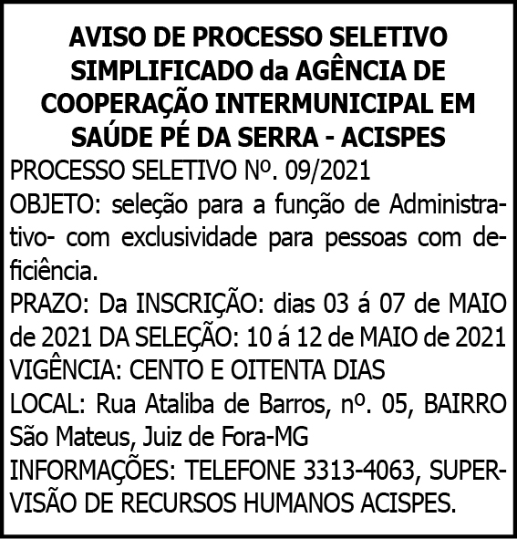 Aviso de Processo Seletivo - ACISPES 4 1 ACISPES 09