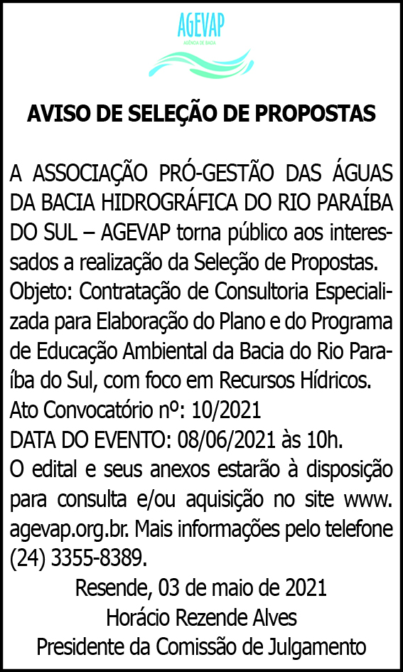 Aviso de Seleção de Propostas - AGEVAP 4 1 AGEVAP 10