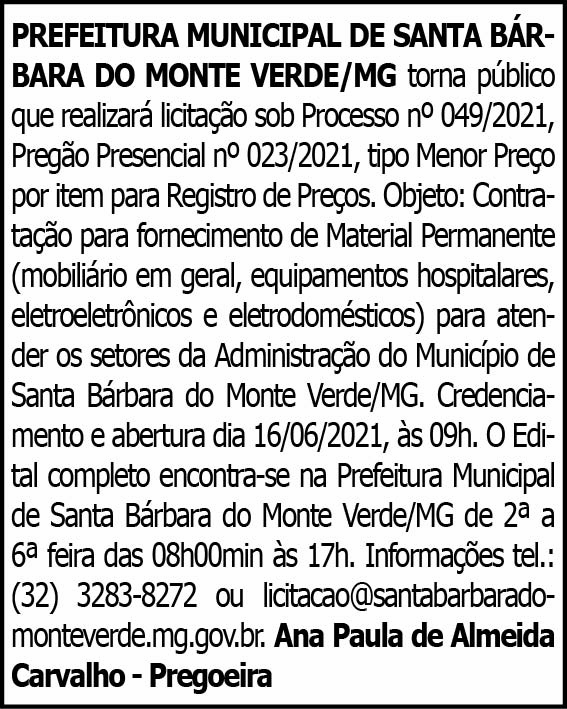 Santa Bárbara do Monte Verde - Processo Nº049/2021 4 1 BARBARA 049