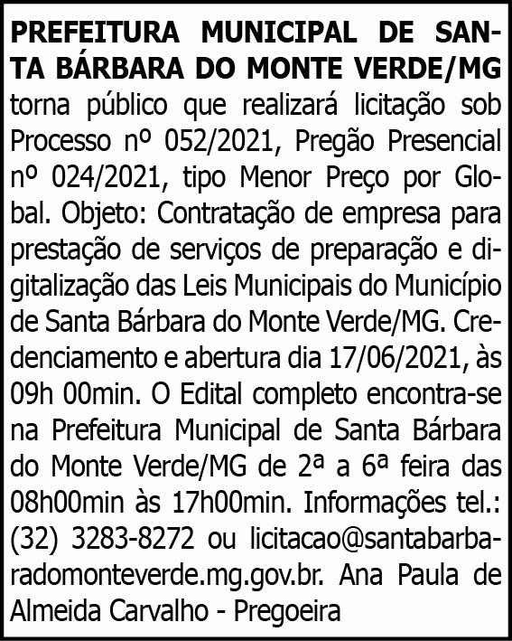 Santa Bárbara do Monte Verde - Processo Nº 052/2021 4 1 BARBARA 052