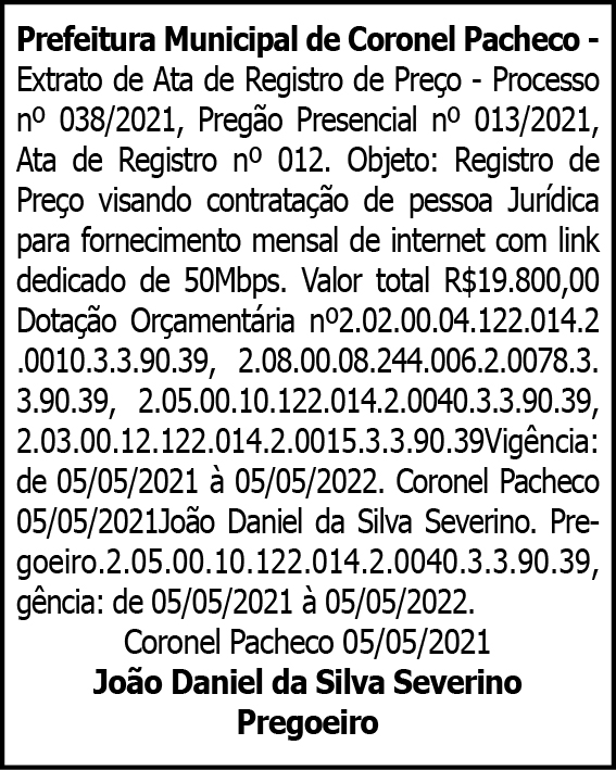 Prefeitura Municipal de Coronel Pacheco - MG 4 1 CORONEL 038