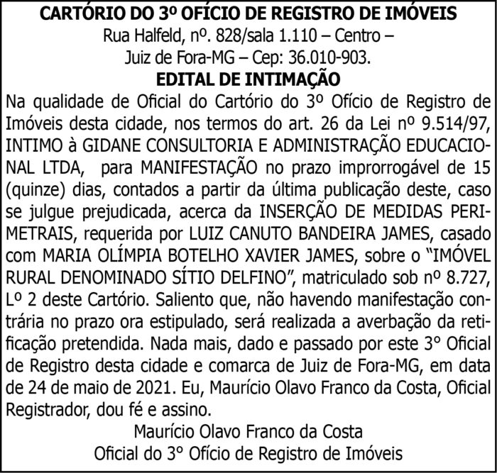 Cartório do 3º Ofício de Registro de Imóveis - Intimação 4 1 GIDANE