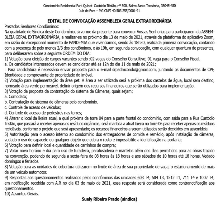 Edital de Convocação Extraordinária 4 1 PARK QUINET