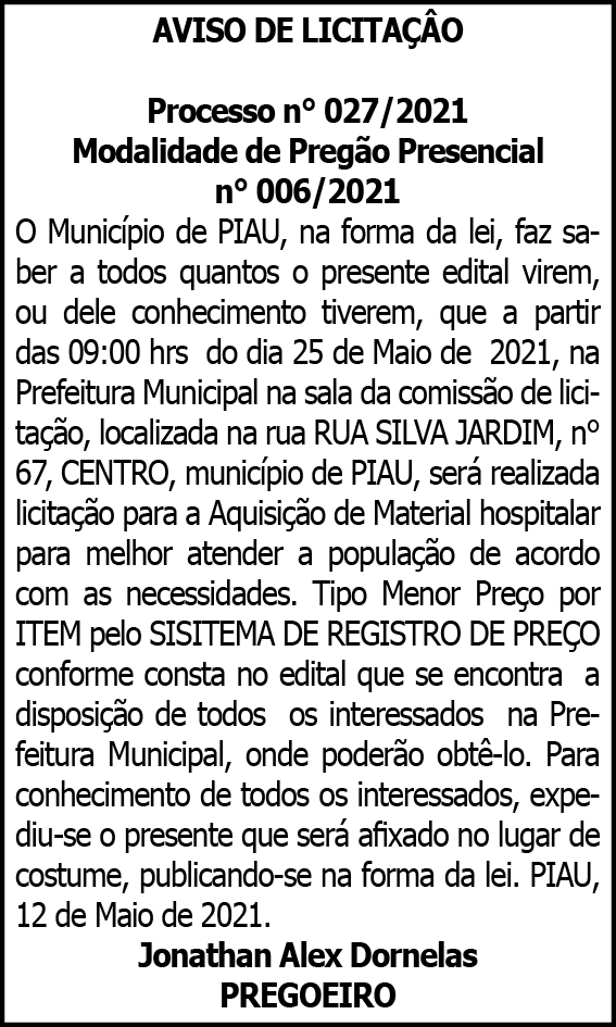 Município de Piau - Licitação Nº 027/2021 4 1 PIAU 027