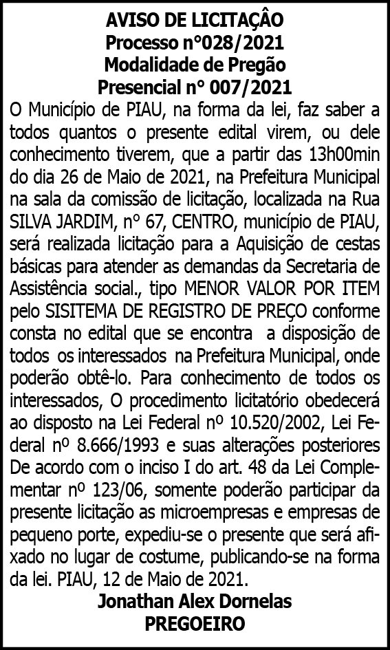 Município de Piau - Licitação Nº 028/2021 4 1 PIAU 028