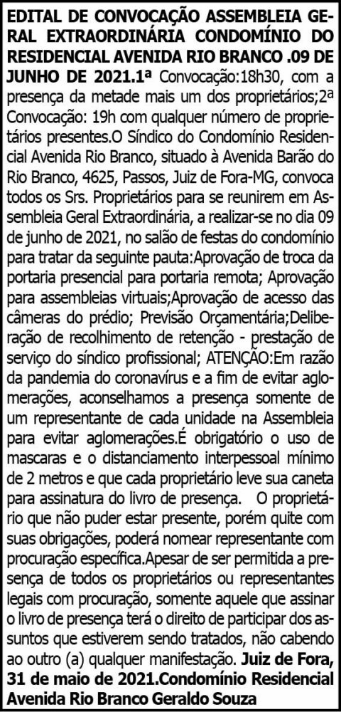 Edital de Convocação Cond. Residencial Avenida Rio Branco 4 1 RIO BRANCO