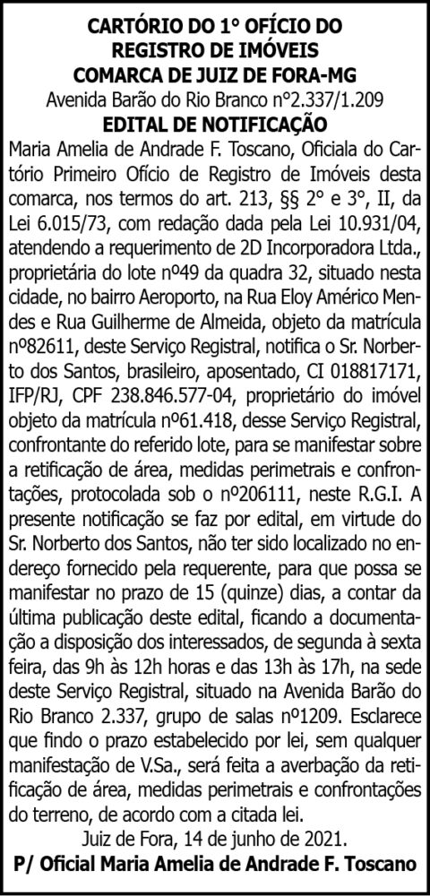Comarca de Juiz de Fora -Edital de Notificação 4 1 2D CONSTRUTORA