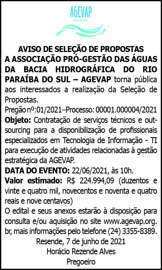 Agevap - Aviso de Seleção de Propostas 4 1 AGEVAP 01