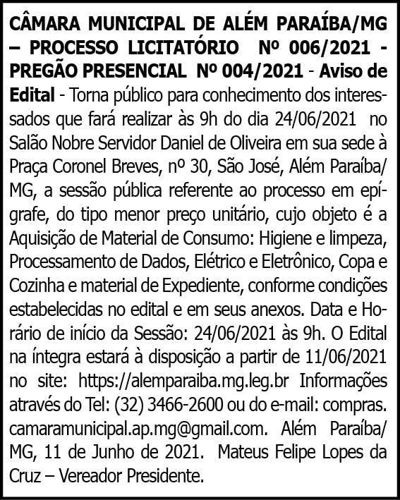 Câmara Municipal de Além Paraíba - Processo Nº 006/2021 4 1 ALEM PARAIBA