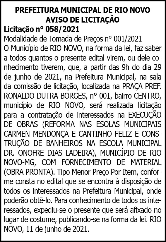 Município de Rio Novo - Licitação Nº 058/2021 4 1 RIO NOVO 058