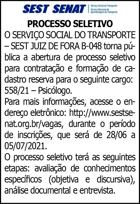 Processo Seletivo Sest Senat 4 1 SEST