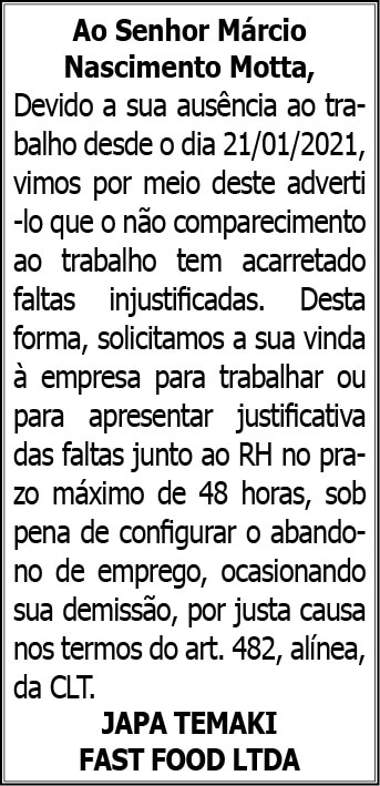 Chamada ao trabalho - Japa Temaki 4 AVISO JAPA