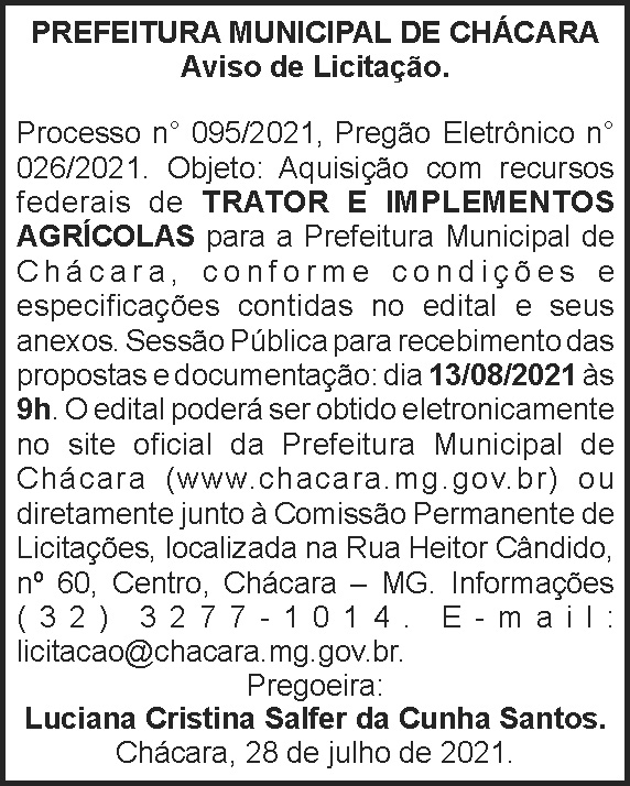 Prefeitura Municipal de Chácara - Aviso de Licitação 4 1 CHACARA 095