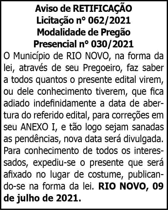 Prefeitura Municipal de Rio Novo - Aviso de Retificação 4 1 RIO NOVO 062