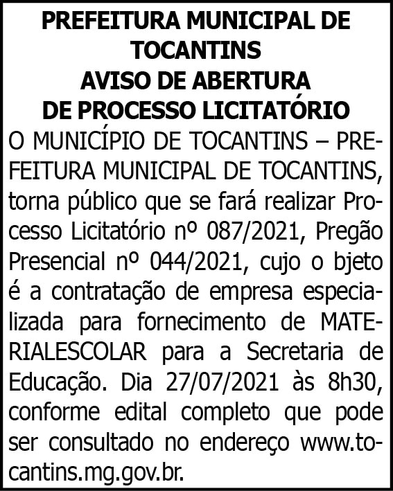Prefeitura Municipal de Tocantins - Licitação Nº 087/2021 4 1 TOCANTINS 087