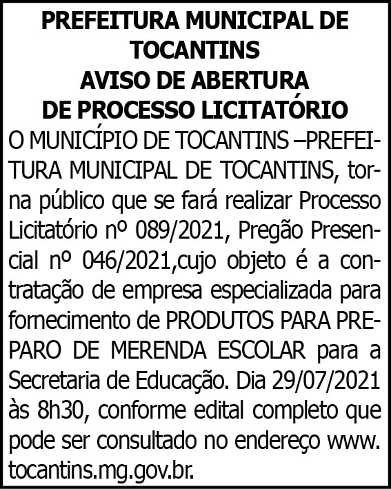 Prefeitura Municipal de Tocantins - Licitação Nº 089/2021 4 1 TOCANTINS 089