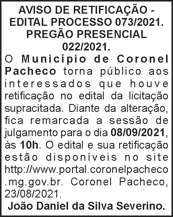 Aviso de Retificação - Município de Coronel Pacheco 4 1 CORONEL 073 1