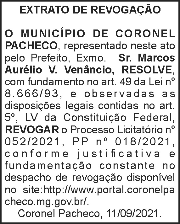 Município de Coronel Pacheco - Extrato de Revogação 4 1 CORONEL