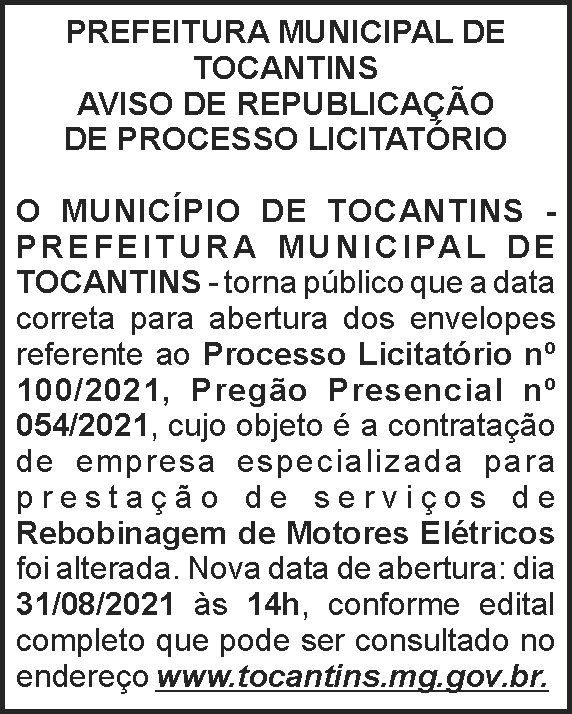 Tocantins - Aviso de Republicação de Processo Licitatório 4 1 TOCANTINS 100 1