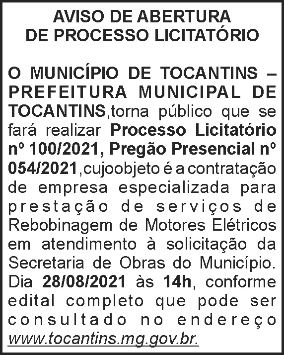 Município de Tocantins - Licitação 4 1 TOCANTINS 100